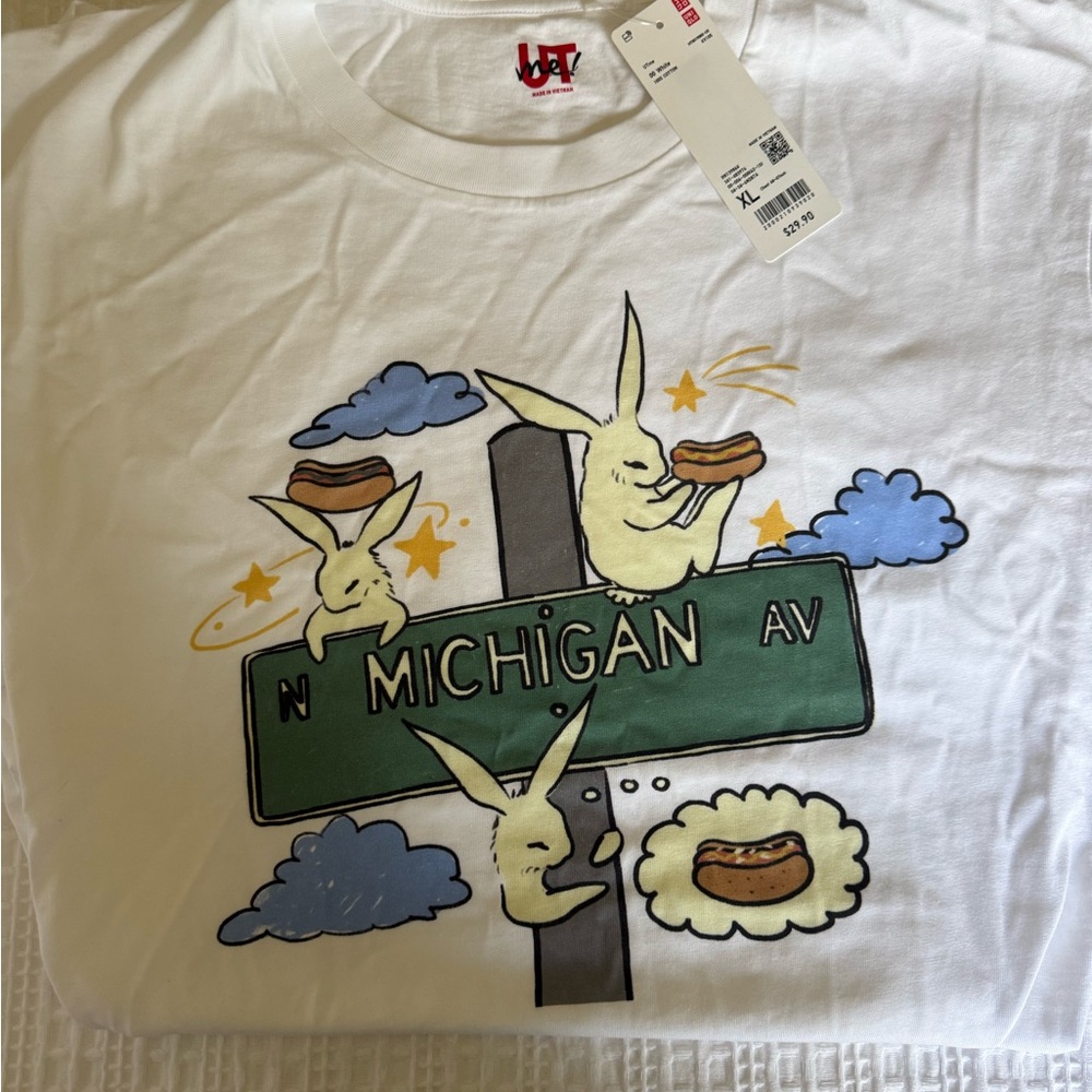 Uniqlo White Graphic Tee with Bunny, Clouds & Stars
